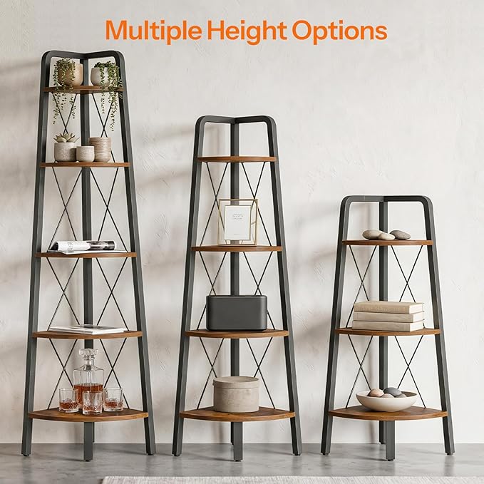 HOOBRO Corner Shelf, 4-Tier Corner Shelf Stand, 53.5" Tall Ladder Bookshelf, Industrial Corner Display Shelf Plant Stand for Living Room, Kitchen, Home Office, Rustic Brown BF144CJ01