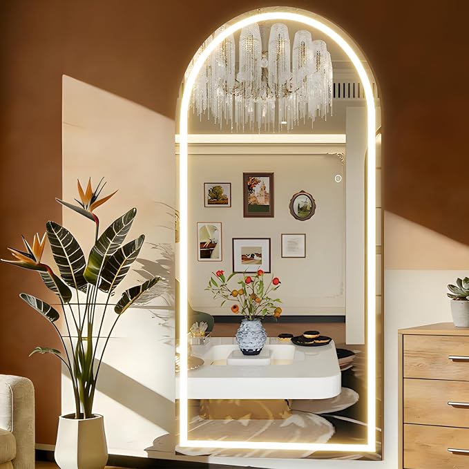Arched 71"x32" Full Body Mirror with Light, LED Floor Mirror, Wall Mounted Dimming & 3 Color Lighting for Bedroom, White