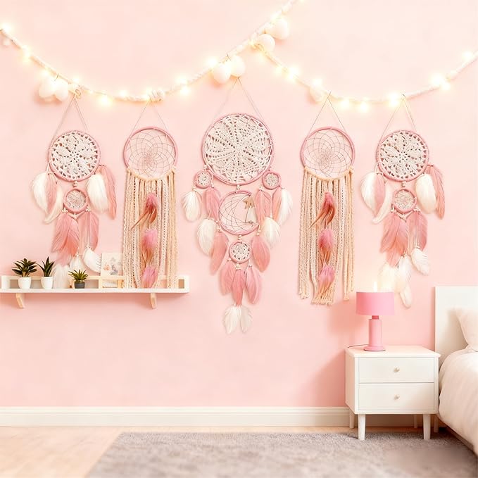 5 Pack Moon Phase Dreamcatcher Set Boho Wall Decor, Boho Macrame Wall Hanging Dream Catchers, for Home, Bedroom, Living Room, Witchy Gifts (Pink)