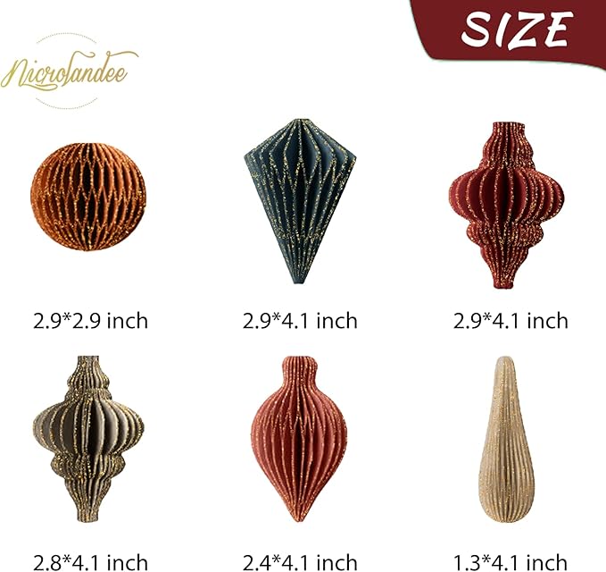 NICROLANDEE Christmas Decorations, 6 PCS Christmas Paper Honeycomb Ornaments with Glitter Edge, Mini Hanging Paper Lanterns for Christmas Tree Decoration Xmas Holiday Party New Year Decor