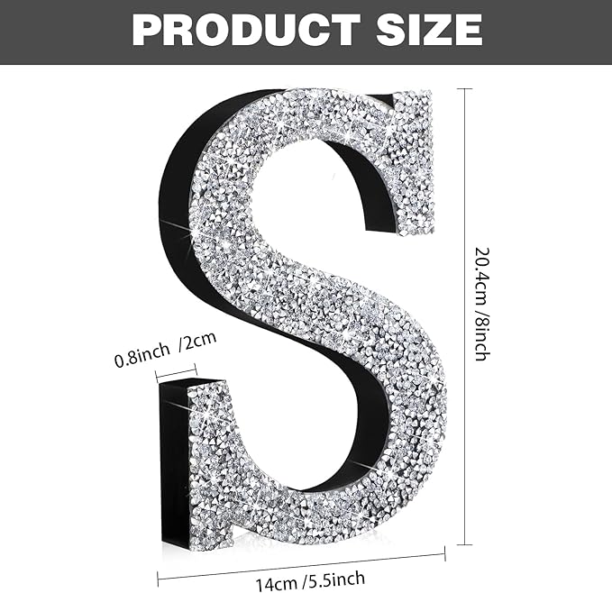 Qunclay 8'' Silver Crystal Diamond Bling Letters Crushed Diamond Decoration Wooden Glitter Letter with Screw and Hooks Rhinestone Gift for Wedding Y2k Mcbling Bedroom Wall Decor (Letter S)