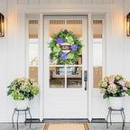 24” Spring Summer Wreaths for Front Door, Greenery Front Door Wreath with Hello Sign for Indoor Outdoor Porch Window Wall, Artificial Floral Wreath with Hydrangeas Berries for Home Decor