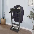 Suit Valet Stand for Men, Black Wooden Clothing Valet Stand with Hanger and Tray Bedroom Organizer for Coats Suits and Hats Modern Freestanding Wardrobe Storage for Home Office Men and Women