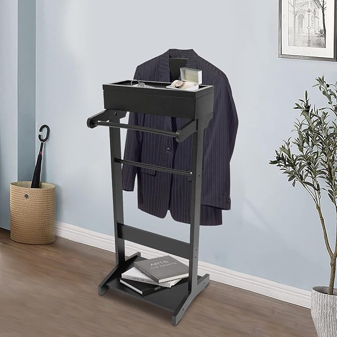 Suit Valet Stand for Men, Black Wooden Clothing Valet Stand with Hanger and Tray Bedroom Organizer for Coats Suits and Hats Modern Freestanding Wardrobe Storage for Home Office Men and Women
