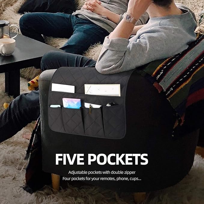 Teniux Remote Control Holder Non-Slip Couch Sofa Chair Armrest organizer with 5 Pockets Armchair Caddy For Smart Phone, Book, Magazines, Ipad (Widened-Black (19''))