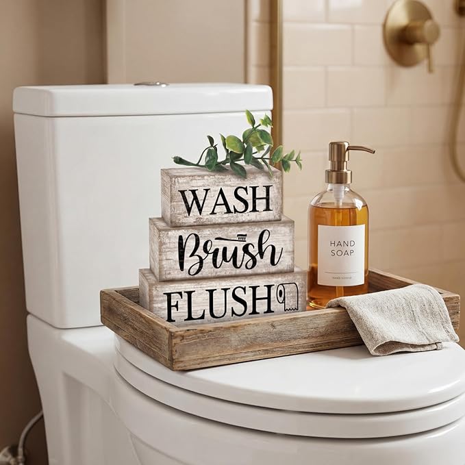 Moucuny 4 Pcs Farmhouse Bathroom Decor and Accessories Rustic Bathroom Shelf Decor Sign Set "wash/brush/flush" Farmhouse Eucalyptus Leaves Wood Block Signs for Toilet Vanity Countertop Home Decoration