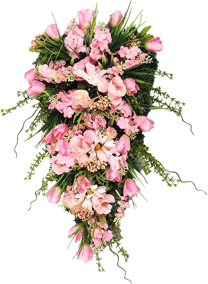 21.65In Spring Teardrop Swag, Artificial Floral Swag with Green Leaves, Easter Teardrop Wreath Front Door Swag, Decorative Teardrop Garland for Front Door Porch Wall (A)