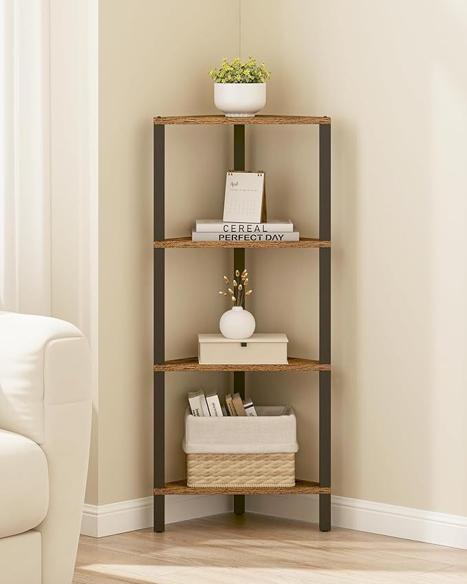 TUTOTAK Corner Shelf, 4-Tier Corner Bookshelf for Small Space, Narrow Display Corner Shelf Stand with Storage Rack, for Living Room, Bedroom, Rustic Brown BS05BB004
