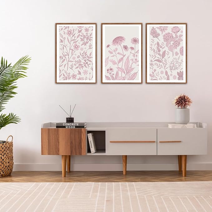 KAIRNE Floral Wall Art Set of 3,Framed Vintage Botanical Flower Canvas Prints,Pink and White Minimalist Wildflower Artwork,Modern Farmhouse Boho Decor for Living Room Bedroom Office Kitchen,16X24 inch
