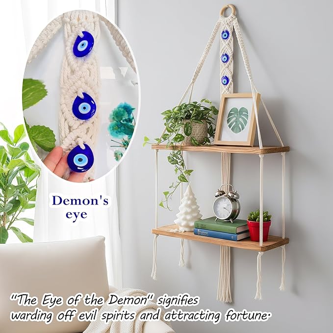 Macrame Hanging Shelf Boho Wall Decor - 2 Tier Handmade Cotton Rope & Rustic Wood Floating Shelves with Evil Eye Charms, Display Photos Plants, Bohemian Storage for Living Room, Bathroom