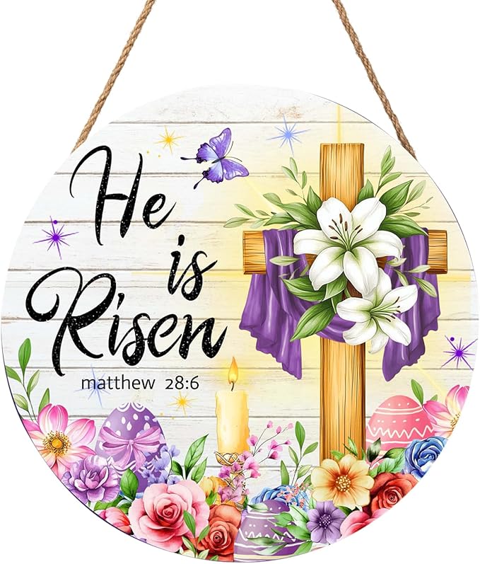 Harooni Easter Decorative Sign, 12x12in Modern Wooden Door Mount, Pastel, Bright, He is Risen, Twine, Rope