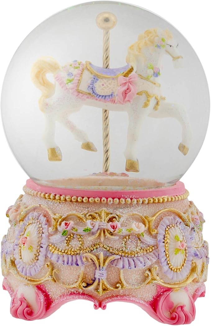 Elanze Designs Pink Rose Horse and Carousel 100MM Sturdy Wind Up Musical Glitter Water Snow Globe Tabletop Dresser Figurine Decoration Plays Tune Carousel Waltz