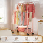 Simple Trending Clothing Clothes Rack Double Rods with Wheels, Rolling Metal Garment Rack for Hanging, Pink