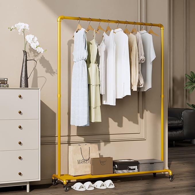 Gold pipe clothing rack with Bottom Shelf,rolling clothes rack heavy duty,garment racks for hanging clothes,Hanging Rack Closet Organizer for Bedroom,Retail (gold)