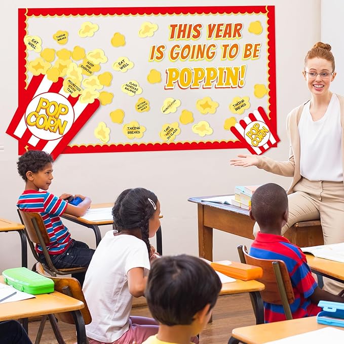 Popcorn Bulletin Board for Classroom Decorations Happy New Year Classroom Bulletin Board Set DIY Crafts Movie Themed Paper Cutouts for Students Wall Popcorn Holiday Celebration Party Supplies Decor