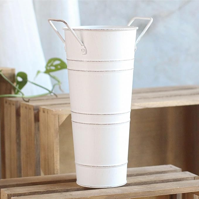 Metal Umbrella Stand Holder, Durable Freestanding Umbrella Rack Multi Functional Rustic Floral Bucket Floor Vase, Organizer for Entryway Porch Indoor Home Office (White)