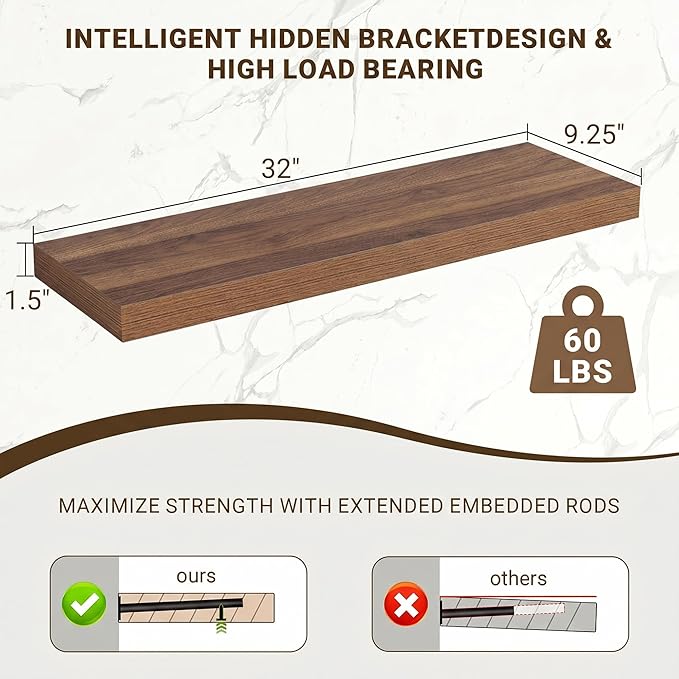 Acovy 32 Inch Floating Shelves, 3D Textured Wood Grain, 32"x9.25"x1.5" Inch Deep Floating Shelves for Wall, Wooden Shelves for Bathroom, Bedroom, Living Room, Walnut, 2 Pieces