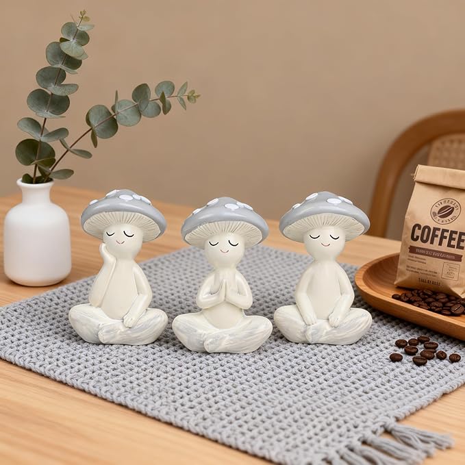 3 Pcs Mushroom Decor Figurines - Meditation Decor Statues for Living Room, Bedroom, Office - Resin Sculptures for Mindfulness Enthusiasts Home Decor Lovers Nature Lovers (Grayish White)