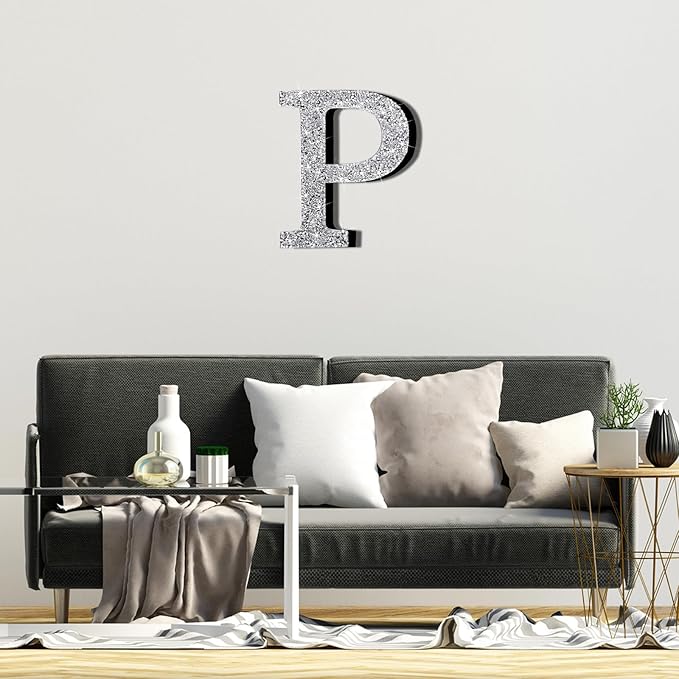 Qunclay 12'' Silver Crystal Diamond Bling Letters Crushed Diamond Decoration Wooden Glitter Letter with Screw and Hooks Rhinestone Gift for Wedding Y2k Mcbling Bedroom Wall Decor (Letter P)