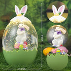 Easter Bunny Decor Snow Globe with 6-Hour Timer, Glittering Rabbit with Egg Lantern, USB/Battery Operated, Spring Home Decor for Office Party Decoration, Green