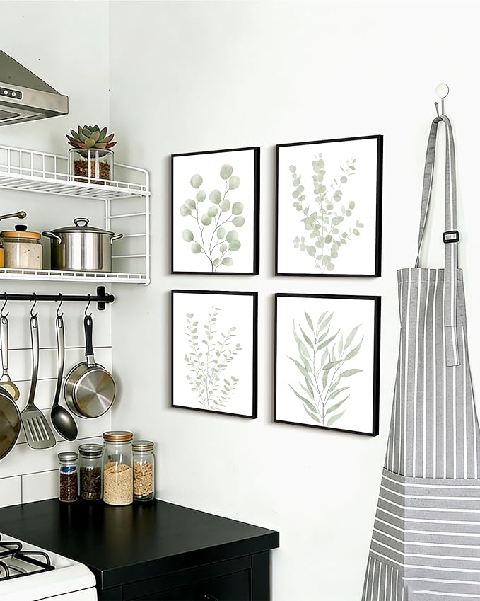 Drsoum Botanical Plant Framed Wall Art Boho Wall Decor for Bathroom Sage Green Eucalyptus Leaf Prints Minimalist Aesthetic Ready to Hang Set of 4, 8x10 in (Black Framed)