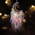Dremisland Moon Dream Catcher with Fairy Lights-Handmade Feather Lucky Turquoise Pendant Beads Wall Hanging Ornament for Kids Bedroom Home Decoration,Art Craft Gift. (Pink&White)
