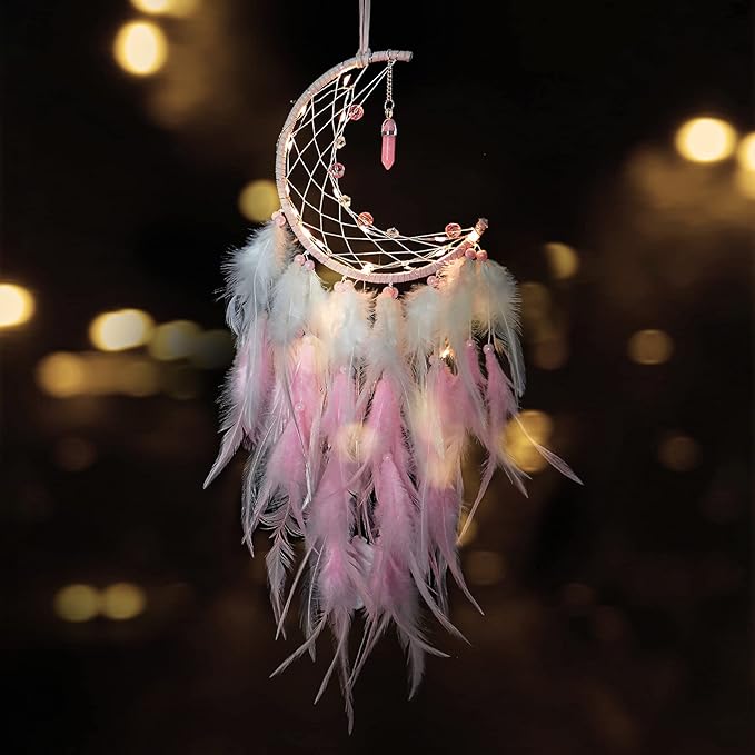 Dremisland Moon Dream Catcher with Fairy Lights-Handmade Feather Lucky Turquoise Pendant Beads Wall Hanging Ornament for Kids Bedroom Home Decoration,Art Craft Gift. (Pink&White)