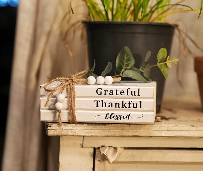 3 Pieces Wooden Decorative White Books, Rustic Farmhouse Faux Books for Coffee Table Shelves with Wood Bead Tassels and Leaves, 7'x 4.6'x 2.5' (Grateful, Thankful, Blessed)