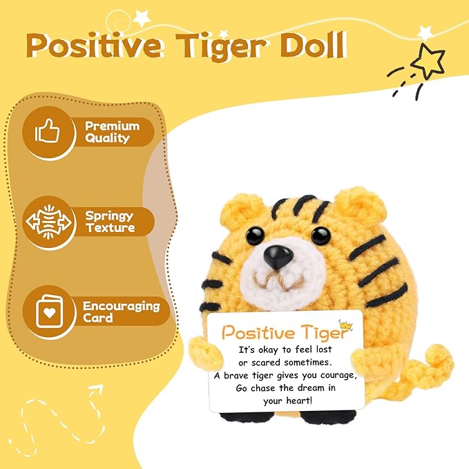 Positive Crochet Tiger Funny Valentine's Day Birthday Gifts for Women Men Coworkers Friend Daughter Dad Son Appreciation, White Elephant Small Xmas Stocking Stuffers Thanksgiving Emotional Cute Decor
