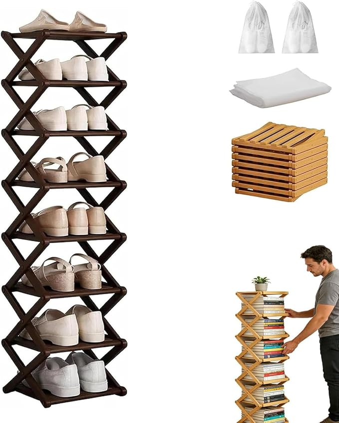 The 8-Tier No-Assembly Bamboo Rack, Bamboo Shoe Rack, Foldable Shoe Rack, Space Saving Collapsible Shelves for Entryway, Closet, Bathroom, Bamboo Shoe Rack, Foldable Shoe Rack (Brown, 8Tier)