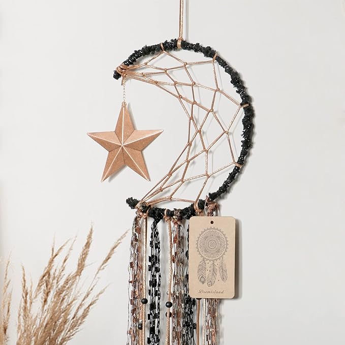 Dremisland Moon Dream Catcher Handmade Half Circle Moon Design Dream Catcher Feather Hanging with Star Home Decoration Ornament Festival Gift (Brown)