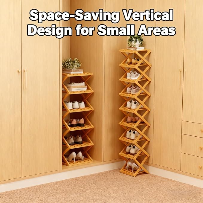 The 9-Tier No-Assembly Bamboo Rack, 2026 Upgraded Foldable Bamboo Shoe Rack, Space-Saving Organizer for Shoes, No Assembly Narrow Shoe Shelf for Entryway Closet Dorm (Brown,7-Tier)