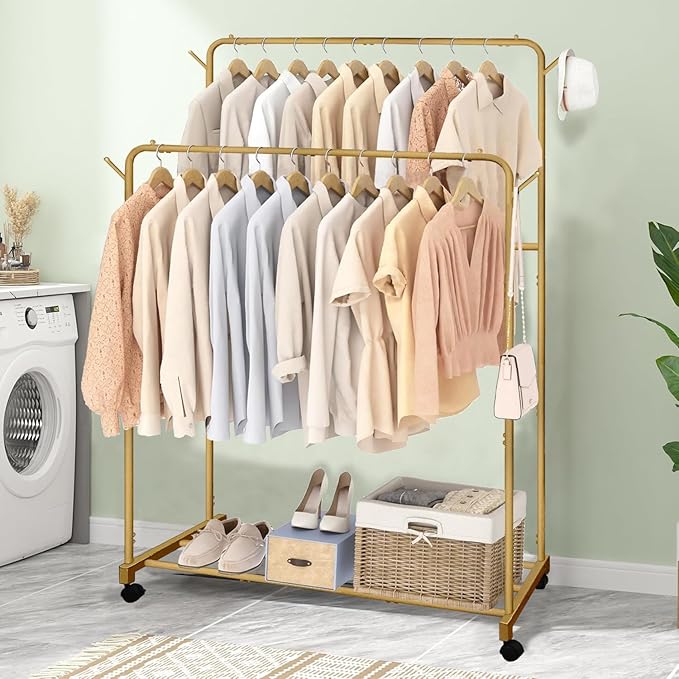 AT-VALY Double Rod Clothing Rack with wheels,Garment Rack for Hanging Clothes,Multi-functional Bedroom Clothes Rack (Gold)