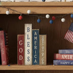 Lineshading 4 Pcs Patriotic Table Decorations Glod Bless American 4th of July Tiered Tray Decor 250th Anniversary Wooden Book Red White and Blue Memorial Day Centerpiece Decorations for Home Shelf
