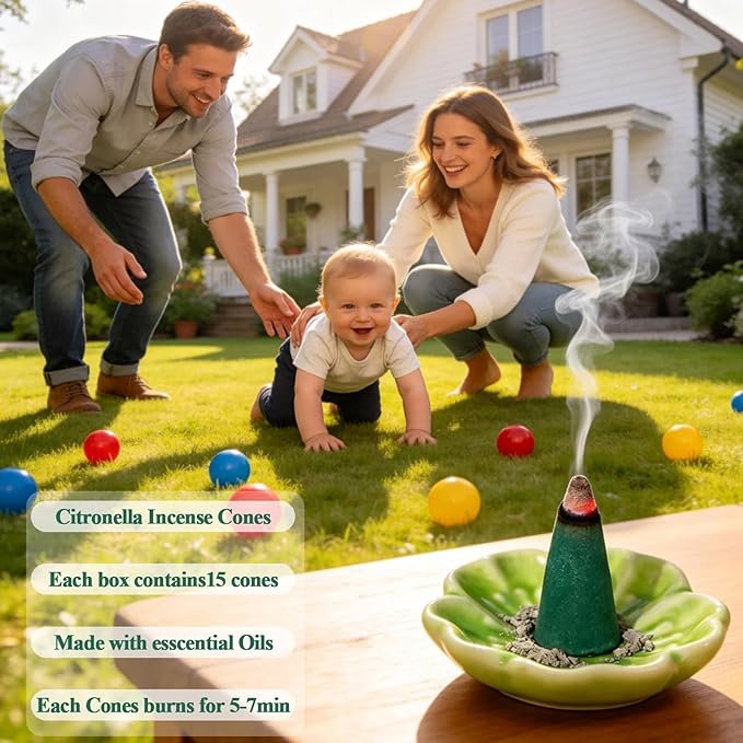 FIRIK Citronella Incense Cones (120 PCS) with 1 Holder, Lemongrass Cones Incense Gift Set for Indoor and Summer Outdoor Patio Camping Trip Garden Gathering
