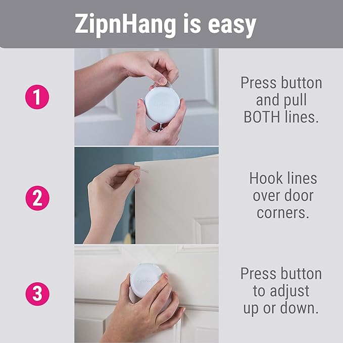 Zip 'n Hang Wreath Hanger for Front Door – Damage Free Adjustable Door Wreath Hanger for Glass, Screen & Standard Doors, Christmas Wreath & Decor Hook (White - 3 Pack)