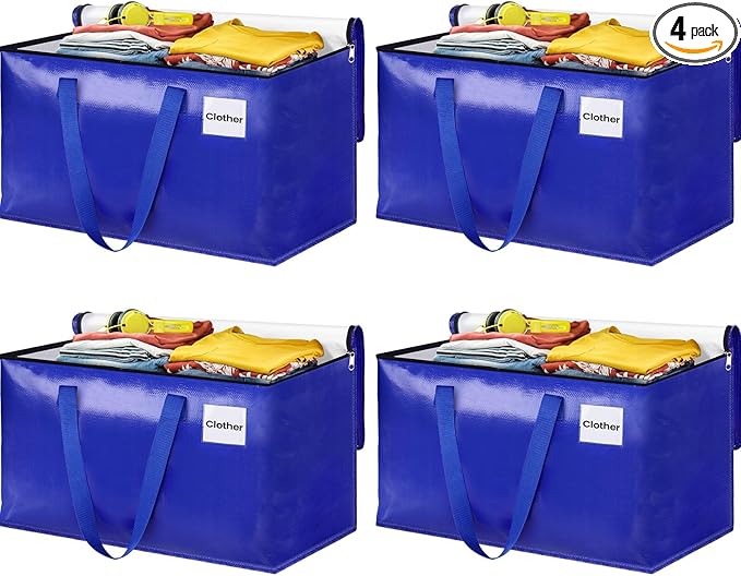 Moving Bags, Storage Bags with Sturdy Handles and Heavy Duty Zippers, Storage Totes for Space Saving, Moving & Storage, Collapsible Moving Supplies(100L, 4-Pack, Blue)