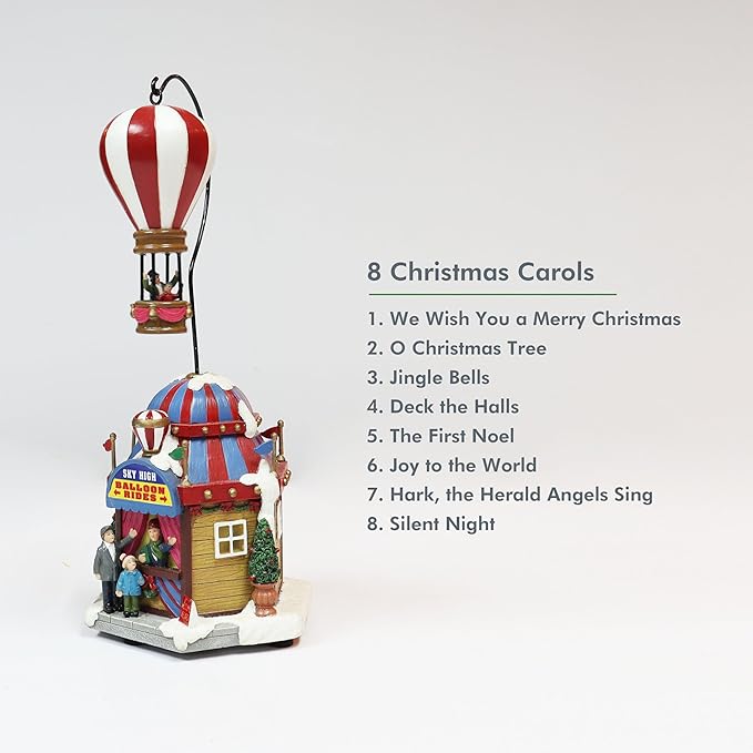 MOMENTS IN TIME Christmas Village Sky High Hot Air Balloon Rides 12.2”H Animated Lighted Musical Scene Battery Operated Polyresin Holiday Décor Festive Tabletop Collectible Gift