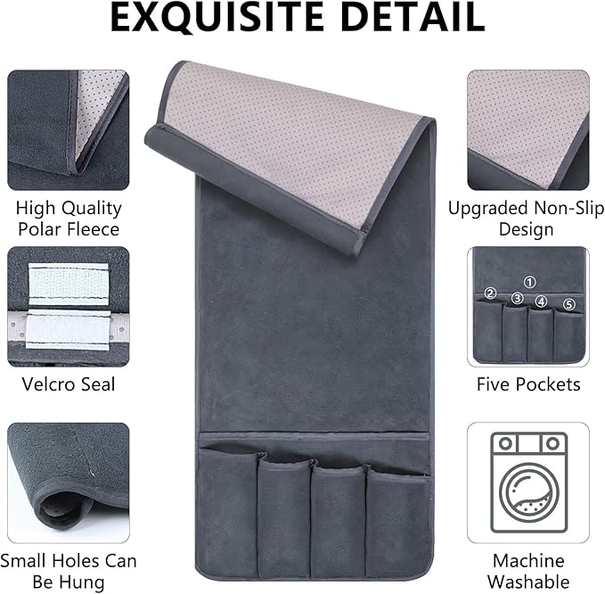 Couch Armrest Remote Control Holder, Polar Fleece Couch Caddy Gifts for Seniors, Non-slip Bed Caddy Tv Remote Holder with 5 Pockets for Key Glasses Phone Magazine Holders