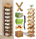 Foldable Shoe Rack, 2 - 9 Tier No-Tool Assembly Bamboo Organizer with Anti-Wobble X-Design for Small Spaces, Sturdy Vertical Storage Shelf for Entryway, Closet, Apartment & Dorm (Yellow,8 Layers)