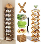 Foldable Shoe Rack, 2 - 9 Tier No-Tool Assembly Bamboo Organizer with Anti-Wobble X-Design for Small Spaces, Sturdy Vertical Storage Shelf for Entryway, Closet, Apartment & Dorm (Yellow,8 Layers)