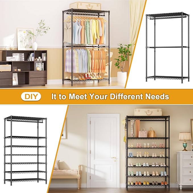 Ulif E13 Max Heavy Duty Clothes Rack（With 4 Hanger Rods & 8 Shelves） Freestanding Clothing Racks for Hanging Clothes，Adjustable Closet，Metal Garment Rack 86" W x16 D x77 H，Max Load 1100LBS，Black