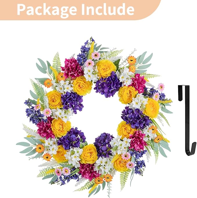 NUPTIO Summer Wreath for Front Door: 26 Inch Spring Wreaths with Hydrangea Daisy Peony Ranunculus Dahlia Hanger - Outdoor Realistic Artificial Flowers Holiday Decor for Wall Window Porch