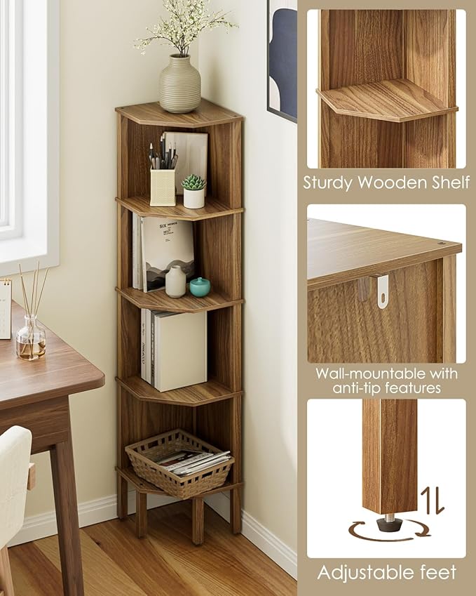 Corner Shelf, 5 Tier Corner Bookshelf, Display Corner Shelf Stand with Storage Rack, Wall Corner Bookshelf for Living Room, Bedroom, Office, Walnut