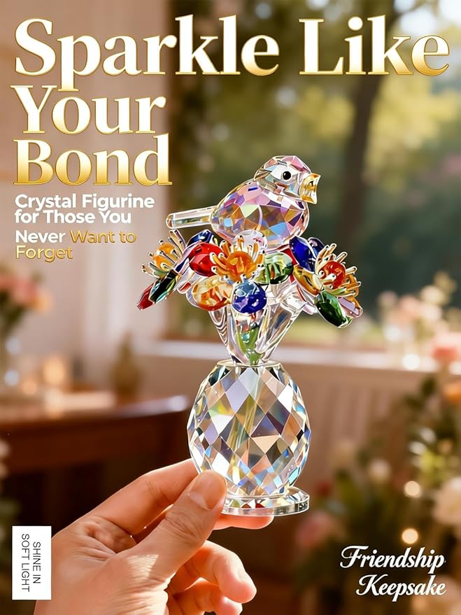Crystal Figurines with Bird & Forget-Me-Not, 4.7 Inch K9 Crystal Keepsake & Paperweight, Romantic Home Decor Table Centerpiece for Mother Wife Sister (Colorful)