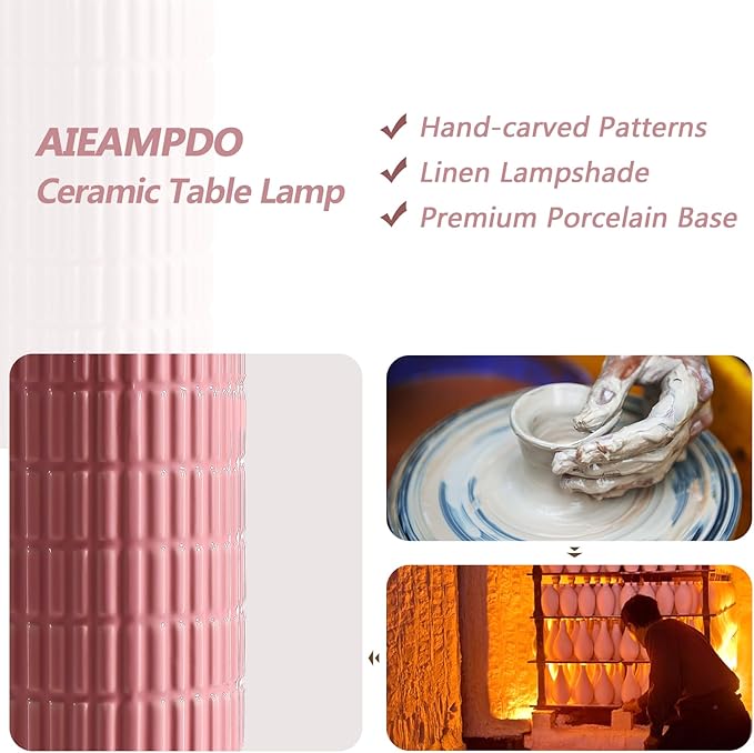 AIEAMPDO 23" Set of 2 Pink Modern Farmhouse Ceramic Table Lamps for Bedroom | Modern Farmhouse Nightstand Table Lamps For Living Room, End Table And Entryway, 2 LED Bulbs Included
