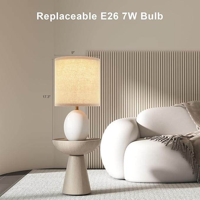 Dawnwake 17.3" Table Lamp Set of 2 for Living Room Bedroom, Bedside Lamps for Night Stands, Desk Nightstand Lamp Dimmable, Modern Linen Cream Ceramic Lamps (White-B)