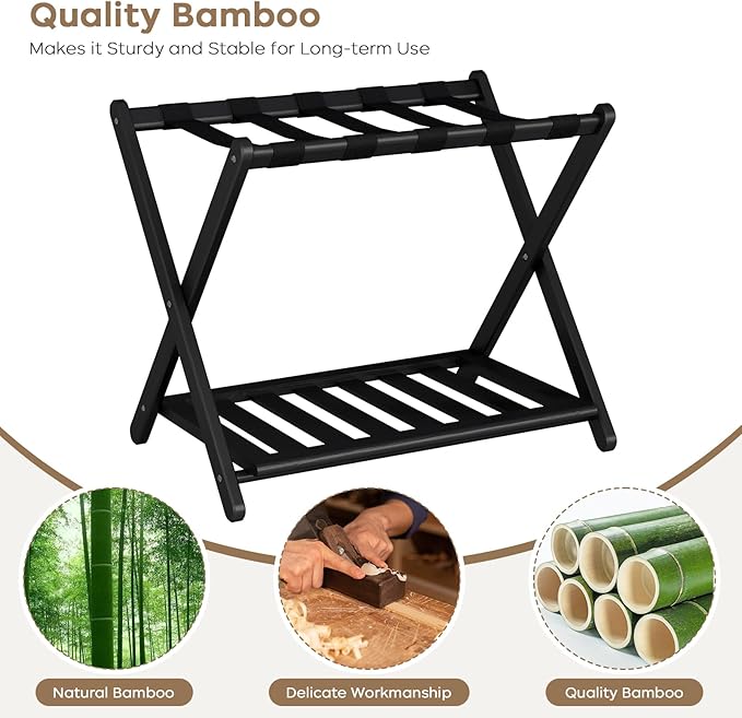 2 Pack Fully Assembled Black Luggage Racks, Bamboo 26.77" Folding Suitcase Stand for Guest Room with 5 Nylon Straps, Heavy Duty, Upgraded Luggage Rack Holder with Shelf for Bedroom Hotel
