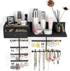 VINAEMO Jewelry Organizer Hanging Wall Mounted Jewelry Holder with Rustic Wood Drawer & Large Capacity Storage Shelf Rack Display for Earrings Rings Necklaces Bracelet(Black)