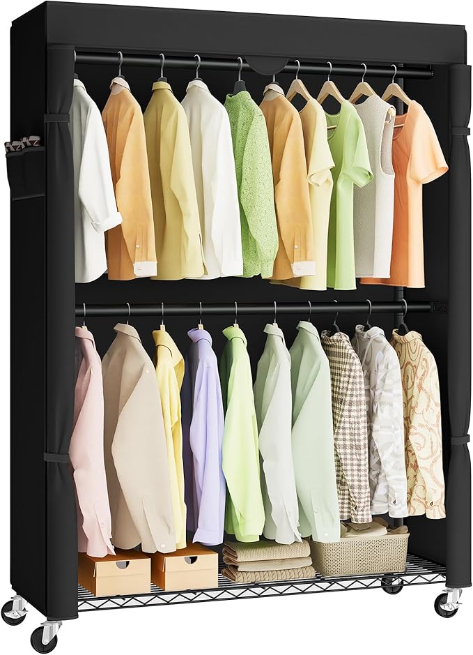 SONGMICS Heavy-Duty Rolling Clothes Rack, Garment Rack, Portable Closet on Wheels, with Adjustable Mesh Shelves and Hanging Rails, Fabric Cover, 15.8 x 43.3 x 78.3 Inches, Ink Black ULGR419BH01